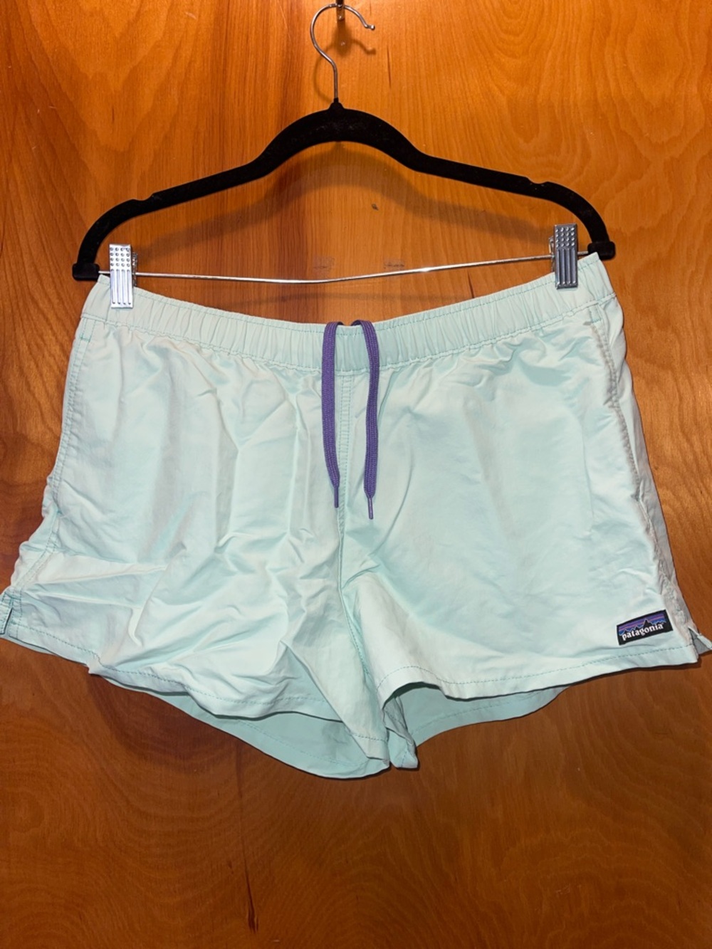 Patagonia Mint Green 2” Baggies with Purple Drawstring